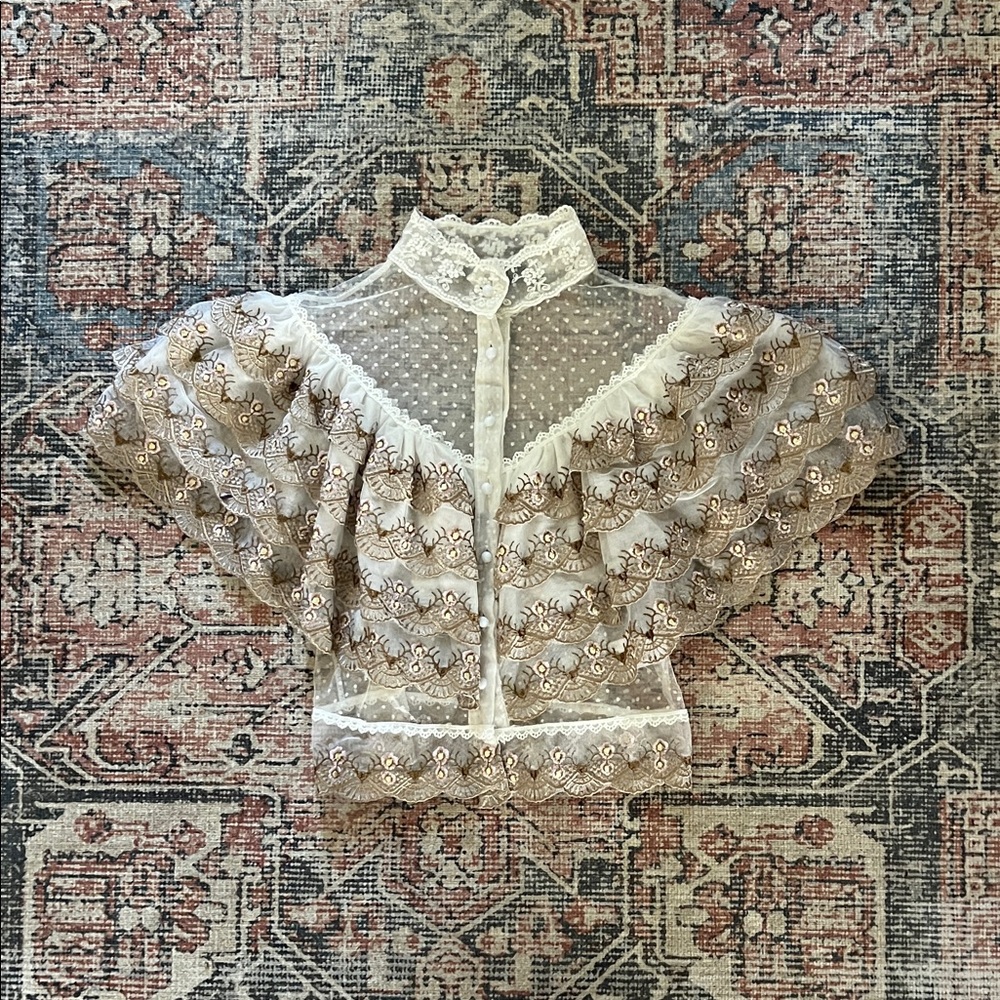 BEULAH Style Victorian-Inspired White Lace Blouse with Golden Embroidery Size: S - Picture 3 of 13